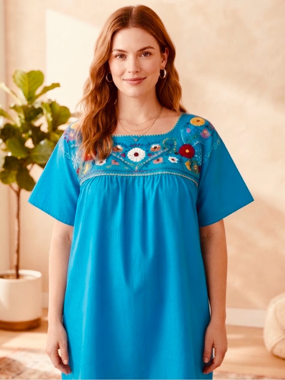 Women's Bright Blue Mexican Artisan Blouse Colorful Floral Embroidered Top 2XXL